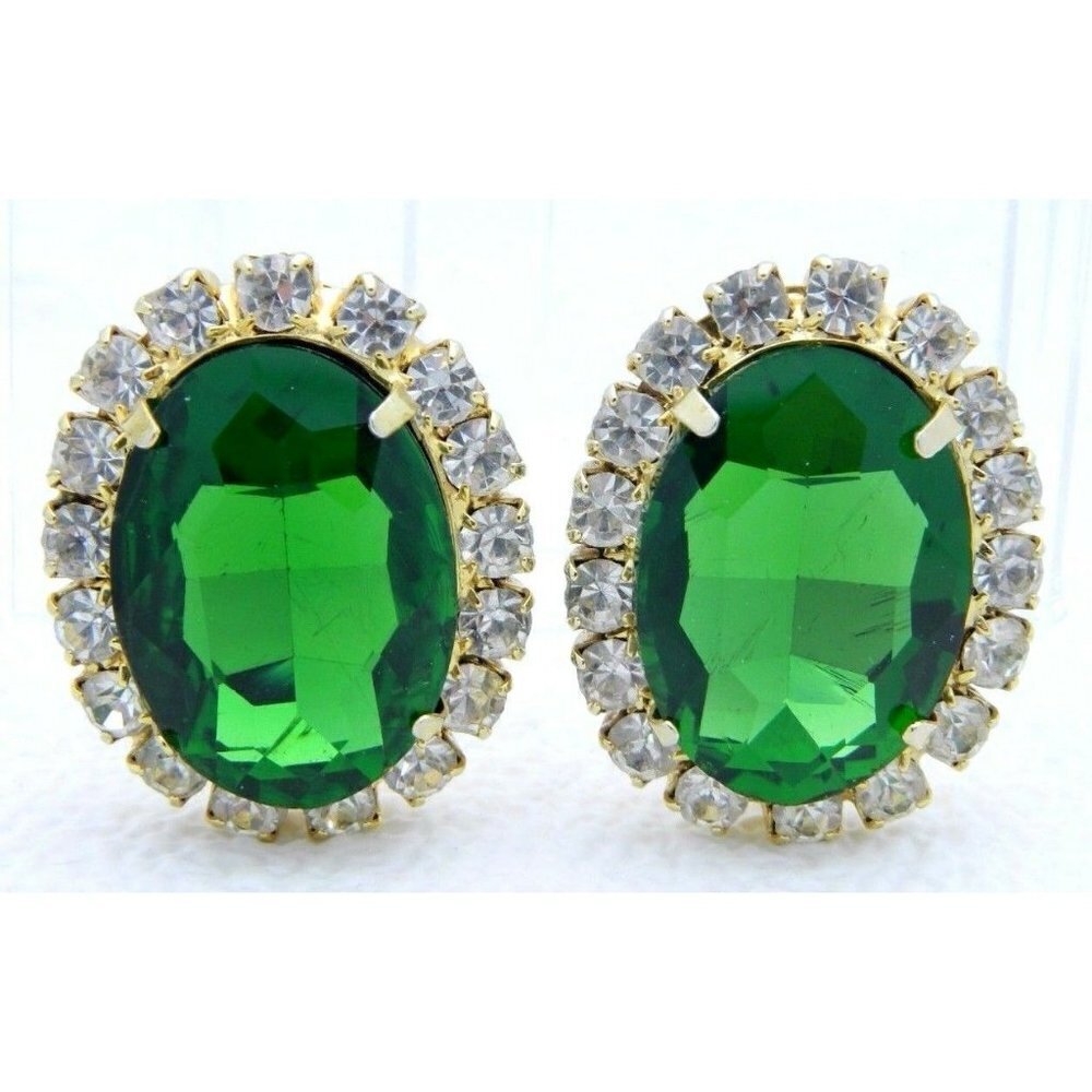 Large Gold Tone Green Clear Rhinestone Clip